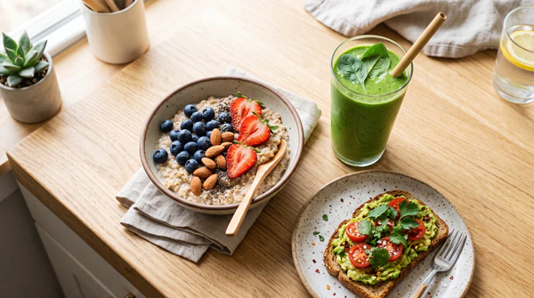 Three easy alkaline breakfast options displayed on a bright wooden table: warm oatmeal topped with fresh berries and seeds, a vibrant green smoothie, and avocado toast on sprouted grain bread with cherry tomatoes.