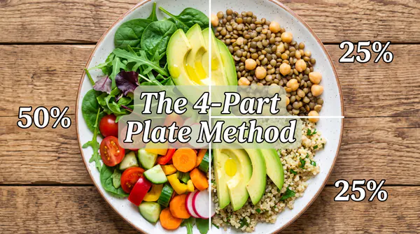 A top-down view of a balanced plate divided into four parts: half filled with leafy greens and colorful vegetables, a quarter with plant proteins like chickpeas and lentils, a quarter with quinoa, and topped with avocado slices, featuring the text overlay "The 4-Part Plate Method"