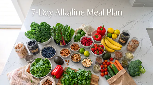 A vibrant and organized flat lay on a bright kitchen counter showing a fresh grocery haul of whole plant-based foods like leafy greens, fruits, legumes, and nuts, featuring the text 7-Day Alkaline Meal Plan