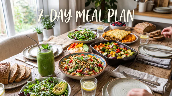 A beautiful spread of healthy plant-based meals including a green smoothie, quinoa salad, and roasted vegetables on a wooden dining table, featuring the text "7-Day Meal Plan".
