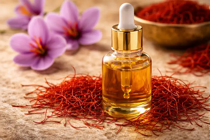A golden glass dropper bottle of Kumkumadi oil surrounded by delicate saffron strands.