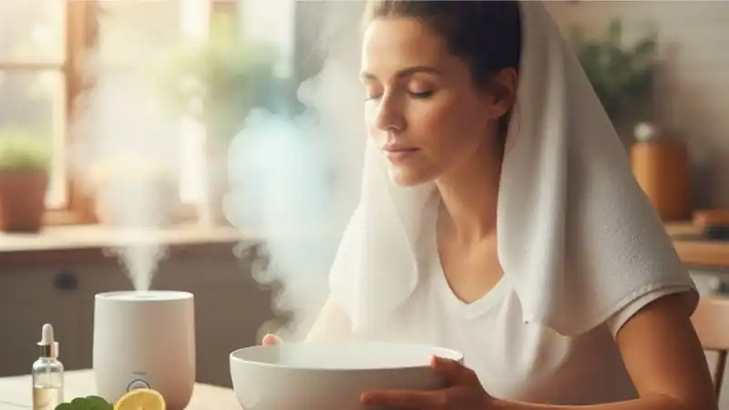 A lady using Steam Inhalation for Instant Relief of mucus