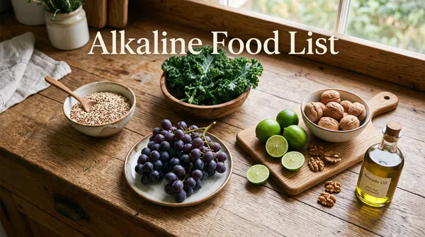 A beautifully organized flat-lay of approved alkaline diet ingredients, featuring bowls of quinoa, fresh kale, seeded grapes, key limes, walnuts, and avocado oil on a rustic wooden counter, with the text "Alkaline Food List".