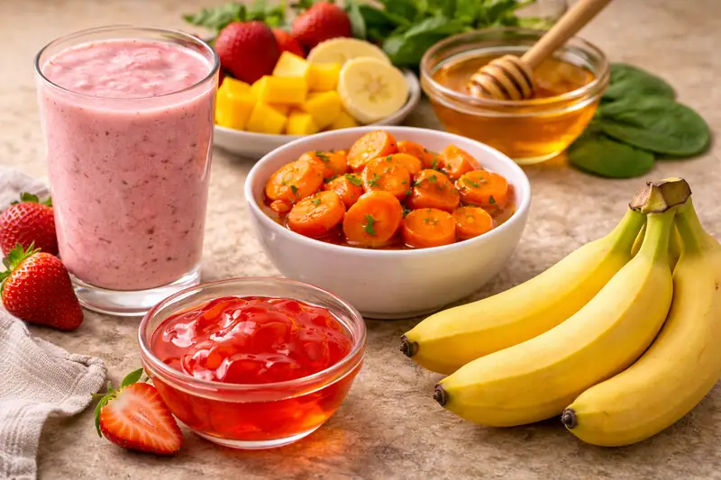 Fruit Smoothes Cooked Carrots Gelatin and Bananas