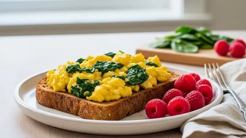 Spinach & Egg Scramble with Raspberries