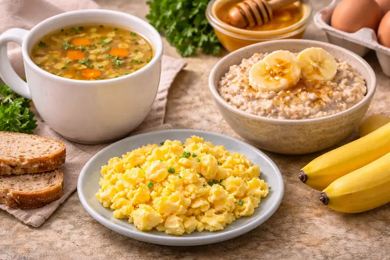 Warm Broths Oat meal and Scrambled eggs