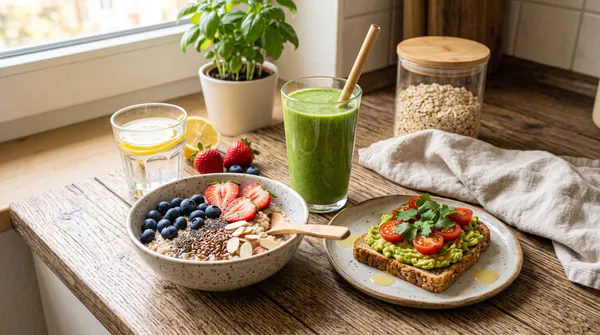 A bright and inviting breakfast setup on a wooden countertop featuring fresh fruits, leafy greens, a glass of water, and whole grain breakfast items, symbolizing a wholesome plant-focused start to the day.