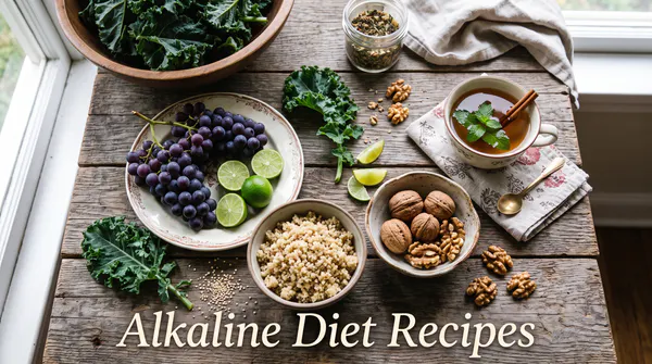 A vibrant flat-lay of Dr. Sebi-inspired whole plant foods, including fresh kale, key limes, walnuts, ancient grains, and herbal tea on a rustic wooden table, featuring the text "Dr Sebi Recipes Alkaline Diet: Food List Meals".
