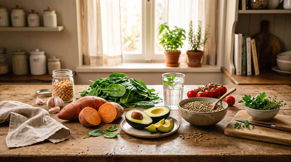 Fresh plant-based ingredients including sweet potatoes, spinach, sliced avocado, lentils, and a glass of water on a rustic kitchen counter.