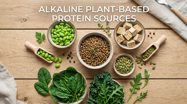 Top-down flat lay view of high-protein plant-based foods, including tofu, lentils, soybeans, and pumpkin seeds on a wooden background with text overlay reading "Alkaline Plant-Based Protein Sources".