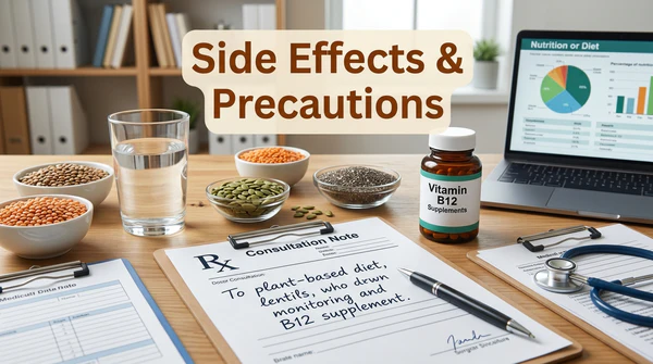 Medical consultation note, water glass, plant protein, and Vitamin B12 for diet safety.