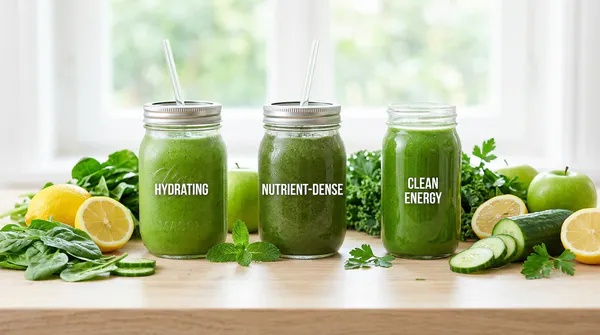 Three fresh green alkaline smoothies in glass mason jars on a light kitchen counter, surrounded by fresh kale, cucumber, lemon, and green apples.
