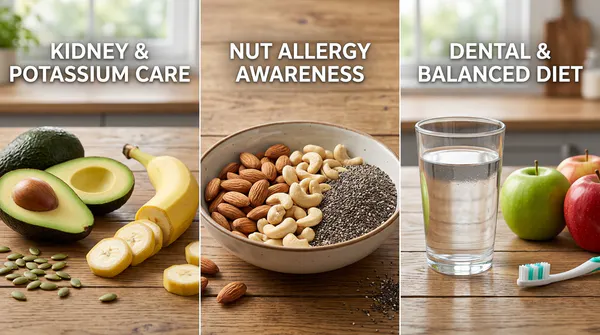 A three-panel educational graphic illustrating safety considerations for alkaline snacks: potassium-rich foods like avocado and banana for kidney care, nuts and seeds for allergy awareness, and a glass of water with fresh fruit for dental and balanced diet care.
