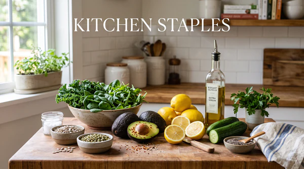 A brightly lit kitchen counter arranged with fresh alkaline vegan recipes, including leafy greens, avocados, lemons, cucumbers, olive oil, and small bowls of seeds, featuring the text "Kitchen Staples".