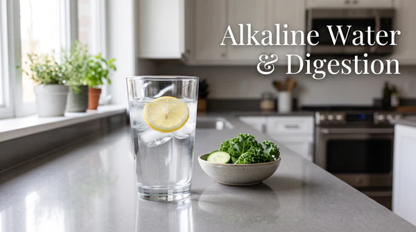 A clear glass of water on a modern kitchen counter with soft, natural lighting, representing digestion and balance, featuring the text "Alkaline Water & Digestion".