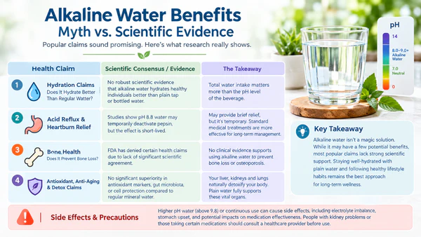 Alkaline water infographic comparing popular health claims with scientific evidence for hydration, acid reflux, bone health, antioxidant effects, and detoxification, with a caution about high-pH water.