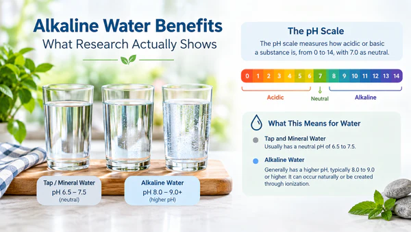 Alkaline water benefits infographic showing the pH scale from 0 to 14, with tap and mineral water typically at pH 6.5–7.5 and alkaline water generally at pH 8.0–9.0 or higher.