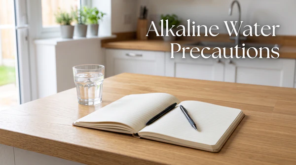 A clear glass of water next to an open notebook and pen on a bright kitchen counter, symbolizing careful learning and planning, featuring the text "Alkaline Water Precautions".