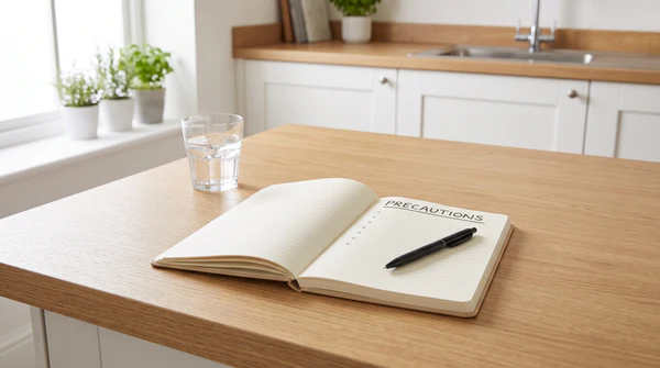 A clear glass of water resting next to an open notebook and a pen on a brightly lit kitchen counter, symbolizing careful learning and moderation, featuring the text "PRECAUTIONS".