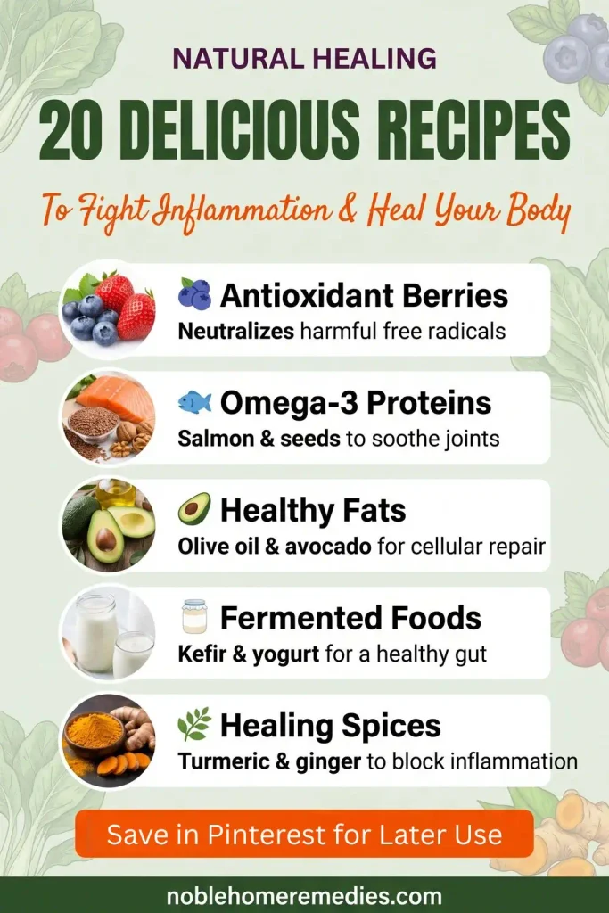 Infographic titled '20 Delicious Recipes To Fight Inflammation and Heal Your Body'. It features a list of top anti-inflammatory foods including antioxidant berries, omega-3 proteins, healthy fats, fermented foods, and healing spices like turmeric. The design uses fresh green, orange, and white colors with a call to action.