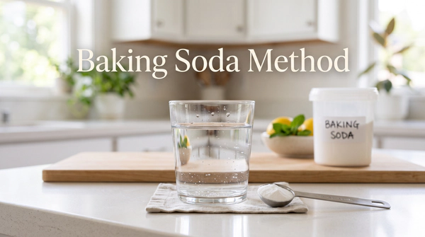 A clear glass of filtered water on a bright kitchen counter next to a measuring spoon with a small amount of baking soda, featuring the text "Baking Soda Method for Alkaline Water Recipe"
