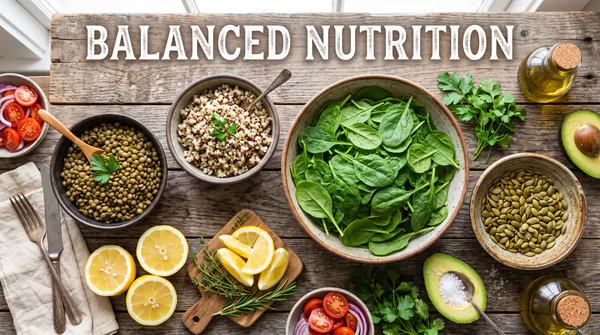 A bright, rustic flat-lay arrangement of nutrient-dense plant foods including bowls of lentils, quinoa, fresh spinach, pumpkin seeds, and lemon halves on a wooden table, featuring the text "Balanced Nutrition".