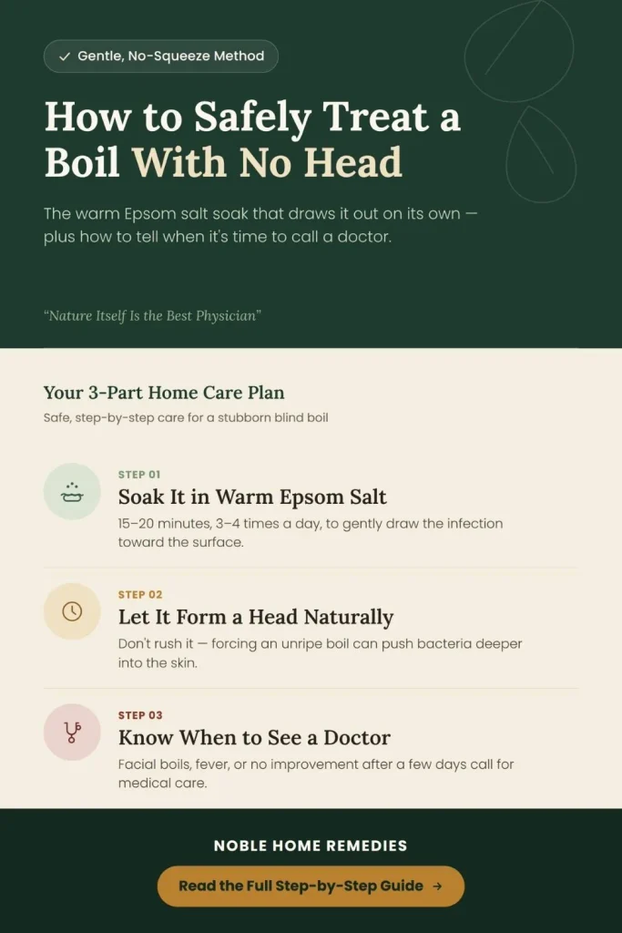 Natural home remedy infographic showing how to treat a boil with no head using a warm Epsom salt soak, with 3 steps: soaking method, letting it form a head naturally, and when to see a doctor for a blind boil.