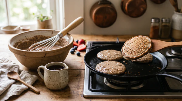A rustic kitchen scene showing buckwheat pancakes cooking in a skillet on a stove, accompanied by a bowl of pancake batter, a whisk, and a small jug of maple syrup in bright natural morning light.