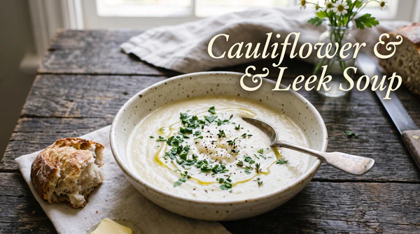 A comforting bowl of creamy cauliflower and leek soup garnished with fresh herbs, resting on a rustic wooden table with the text "Cauliflower & Leek Soup".