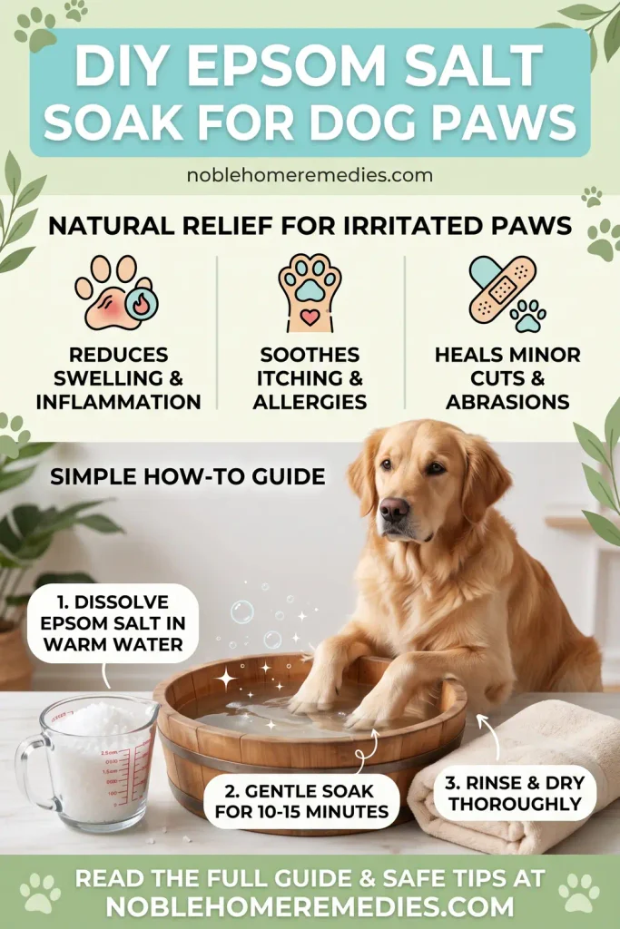 Infographic guide on how to make a DIY Epsom salt soak for dog paws to provide natural relief for irritated paws. Features an image of a Golden Retriever soaking paws in a wooden tub. Listed benefits include reducing swelling and inflammation, soothing itching and allergies, and healing minor cuts and abrasions. The 3-step guide shows dissolving salt in warm water, a 10-15 minute soak, and rinsing and drying.
