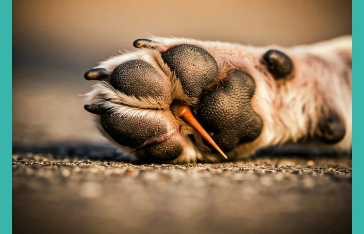 dog's paw with a thorn embedded underneath