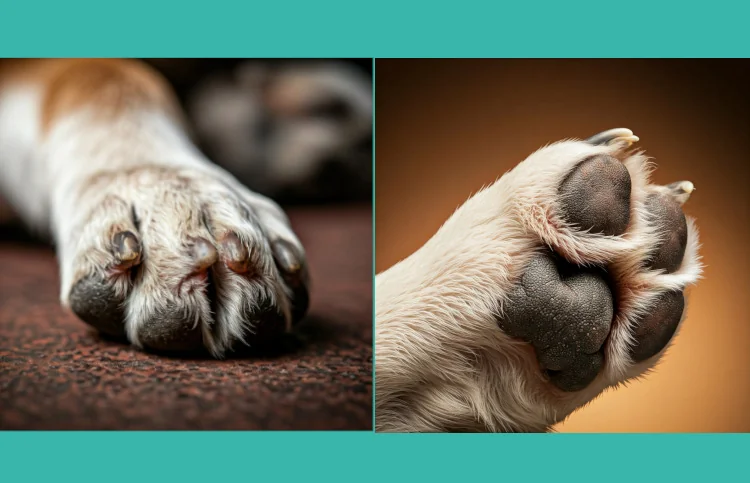 dog's paw with a yeast infection, highlighting the redness and moist appearance