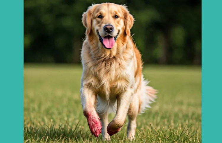 dog with paws turned  red after a long run