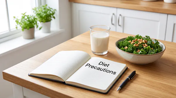 A clean, bright kitchen counter featuring an open notebook, a pen, a glass of plant milk, and a bowl of fresh greens and walnuts, with the text "Diet Precautions".