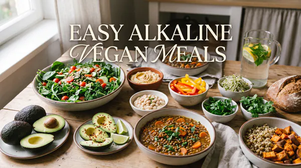 A bright and inviting table setting featuring a fresh green salad with avocado and pumpkin seeds alongside a small bowl of vegetable soup, featuring the text Alkaline Lunch Ideas