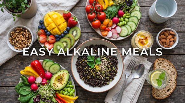 A colorful spread of fresh whole plant foods including fruits, vegetables, beans, and nuts arranged on a rustic wooden table with the text overlay Easy Alkaline Meals