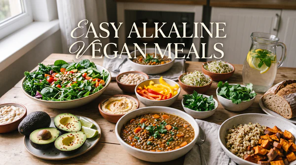 A bright wooden table displaying fresh plant-based foods, leafy greens, avocados, and lentils with the text "Easy Alkaline Vegan Meals".