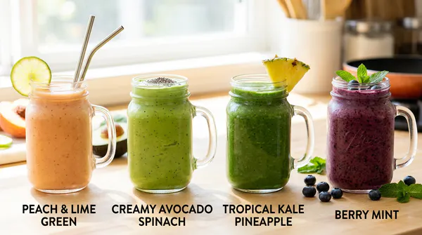Four glass mason jars displaying a variety of colorful alkaline smoothies recipes—peach lime green, avocado spinach, tropical kale pineapple, and berry mint—lined up on a bright kitchen counter with fresh ingredient garnishes.