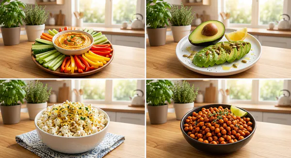 A 4-panel educational graphic featuring four simple plant-based snacks: sweet potato hummus with raw veggie sticks, sliced avocado with pumpkin seeds, herbed air-popped popcorn, and crispy roasted chickpeas.