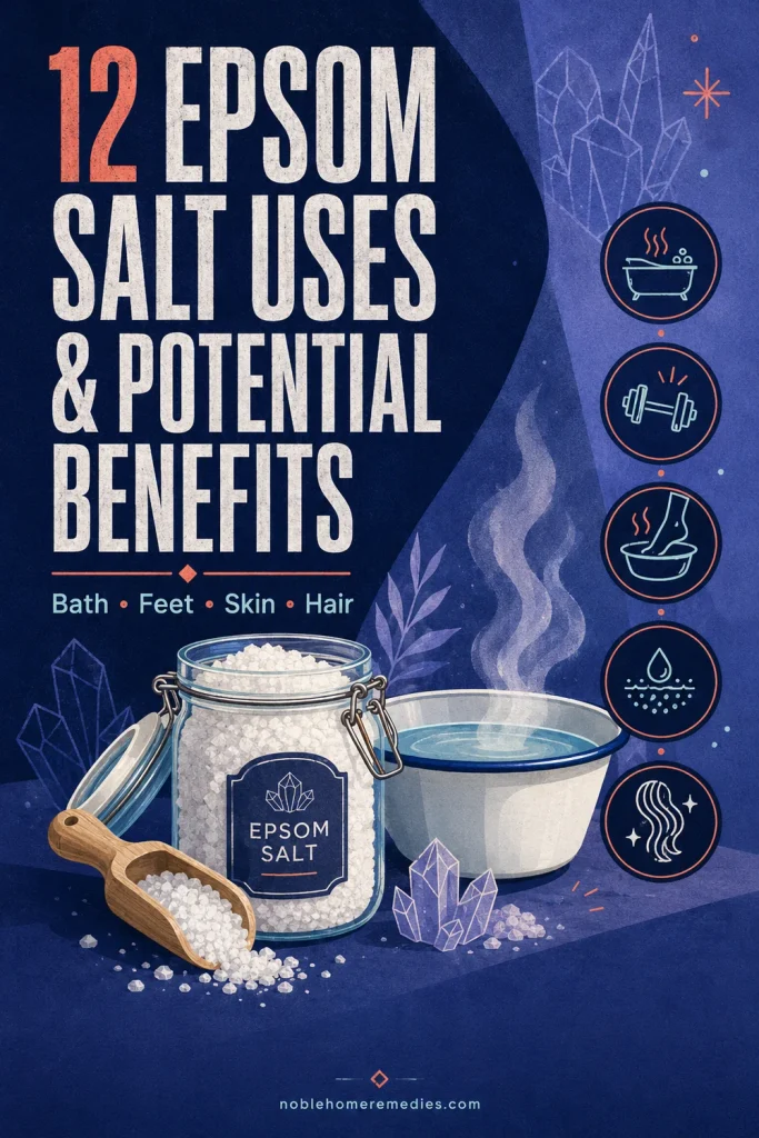 Illustrated Epsom salt jar, bath basin, and wellness icons introducing 12 Epsom salt uses and potential benefits for baths, tired feet, skin exfoliation, and hair care.