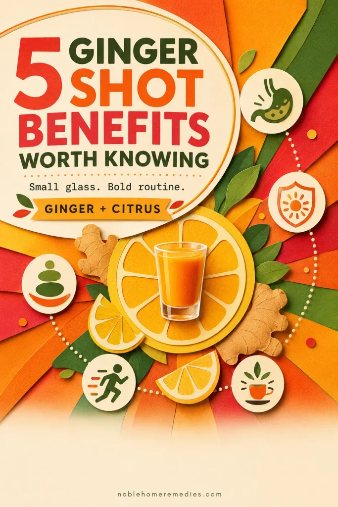 Colorful paper-cut infographic featuring a ginger shot, fresh ginger root, citrus slices, and five wellness icons introducing ginger shots benefits worth knowing.