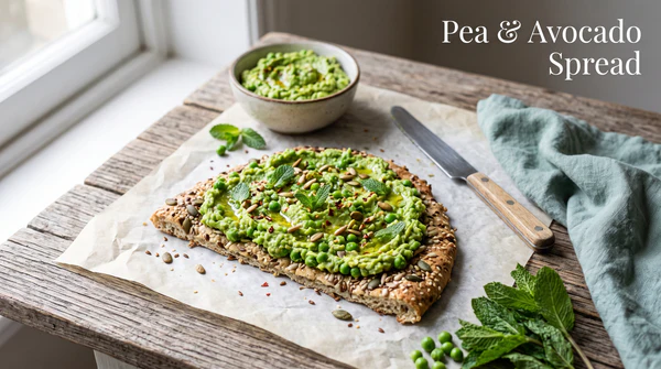 A close-up food photography shot of a rustic seeded flatbread topped with a vibrant, creamy green pea and avocado spread, featuring the text "Pea & Avocado Spread".