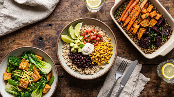 Healthy alkaline dinner spread on a rustic wooden table, featuring oven-roasted root vegetables over lentils, stir-fried greens with tofu, and a customizable plant-based grain bowl with black beans, avocado, and lime.