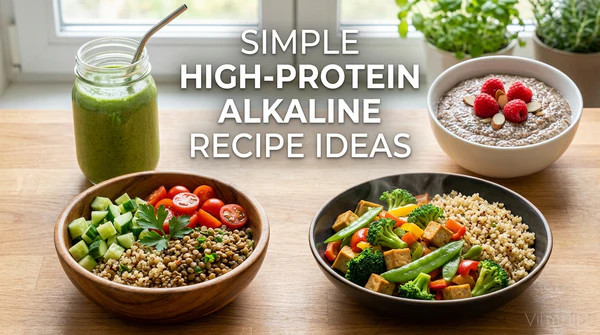 Healthy high-protein alkaline meal ideas featuring a quinoa power bowl, green smoothie, and tofu stir-fry.