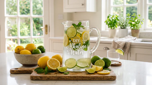 A bright kitchen counter featuring a clear glass pitcher of water infused with fresh lemon slices, surrounded by citrus fruits, with the text "DIY Alkaline Water".