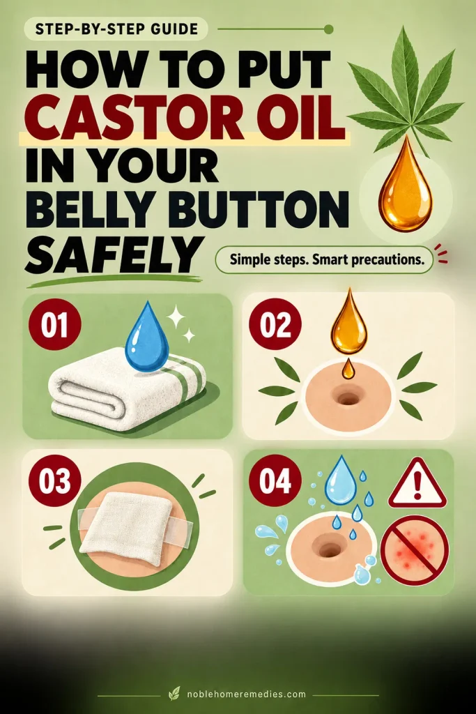 Four-step illustrated guide showing how to put castor oil in the belly button safely, including cleaning and drying the skin, applying the oil, covering the area, and washing it afterward.