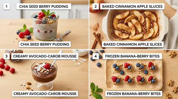 A 4-panel educational graphic featuring four lighter plant-based desserts: chia seed berry pudding in a glass jar, baked cinnamon apple slices, creamy avocado-carob mousse in a dessert cup, and frozen banana-berry bites with almond butter and walnuts.
