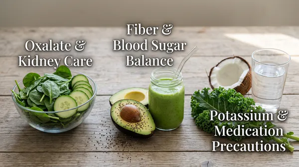 An educational three-panel setup on a wooden tabletop illustrating smoothie precautions: spinach and cucumbers for kidney care, avocado with chia seeds for blood sugar control, and kale with coconut water for medication awareness.