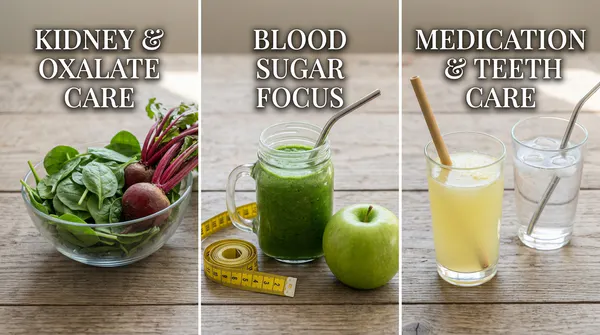 A three-panel educational graphic displaying raw spinach and beets for kidney care, green vegetable juice for blood sugar management, and citrus water with a straw for medication and enamel precautions.