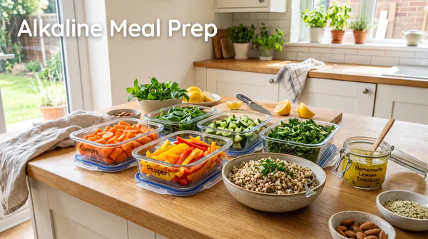 A brightly lit kitchen counter displaying organized meal prep with glass containers of chopped fresh vegetables, cooked quinoa, and a small jar of homemade lemon dressing, featuring the text "Alkaline Meal Prep".